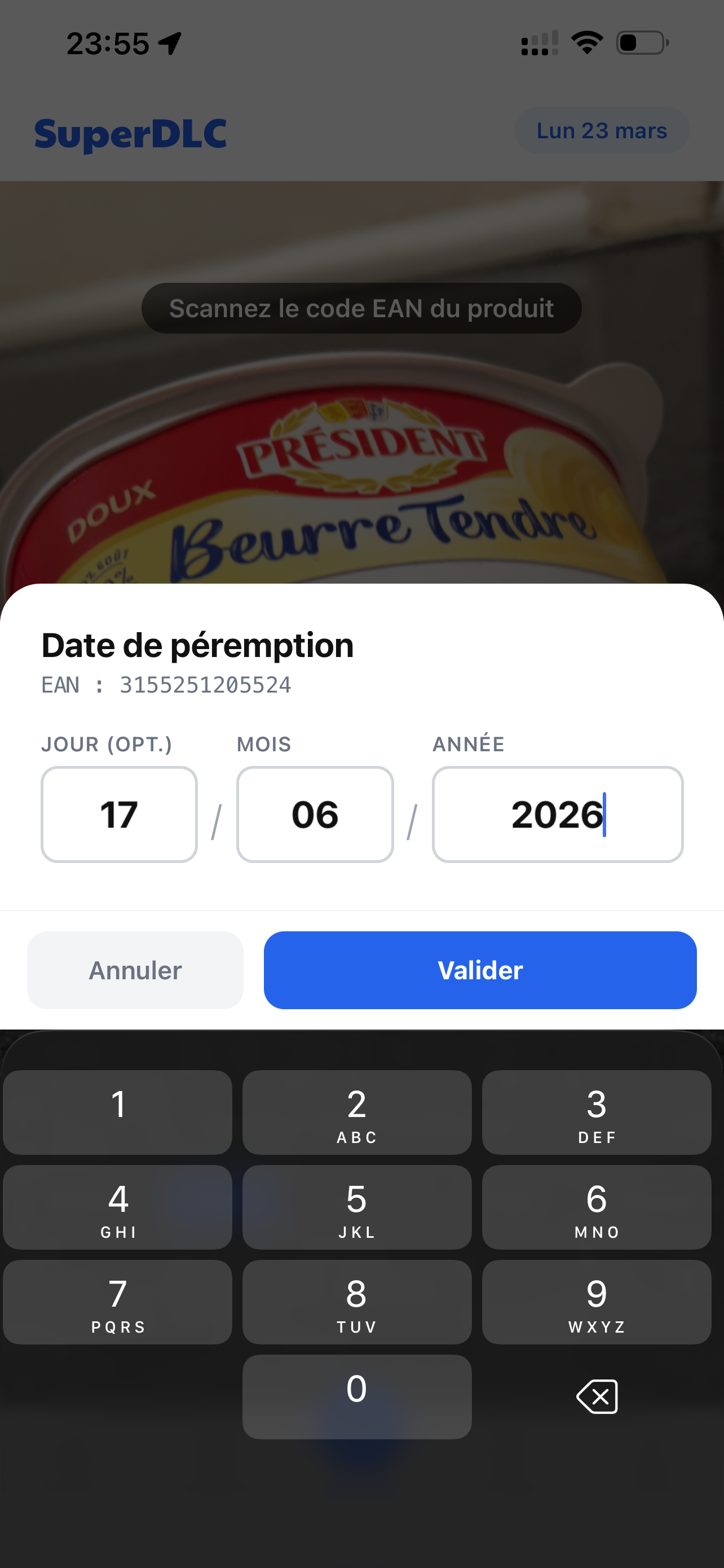 Saisie de la date de péremption